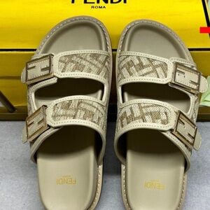Fendi Tan Slides with Gold Buckles